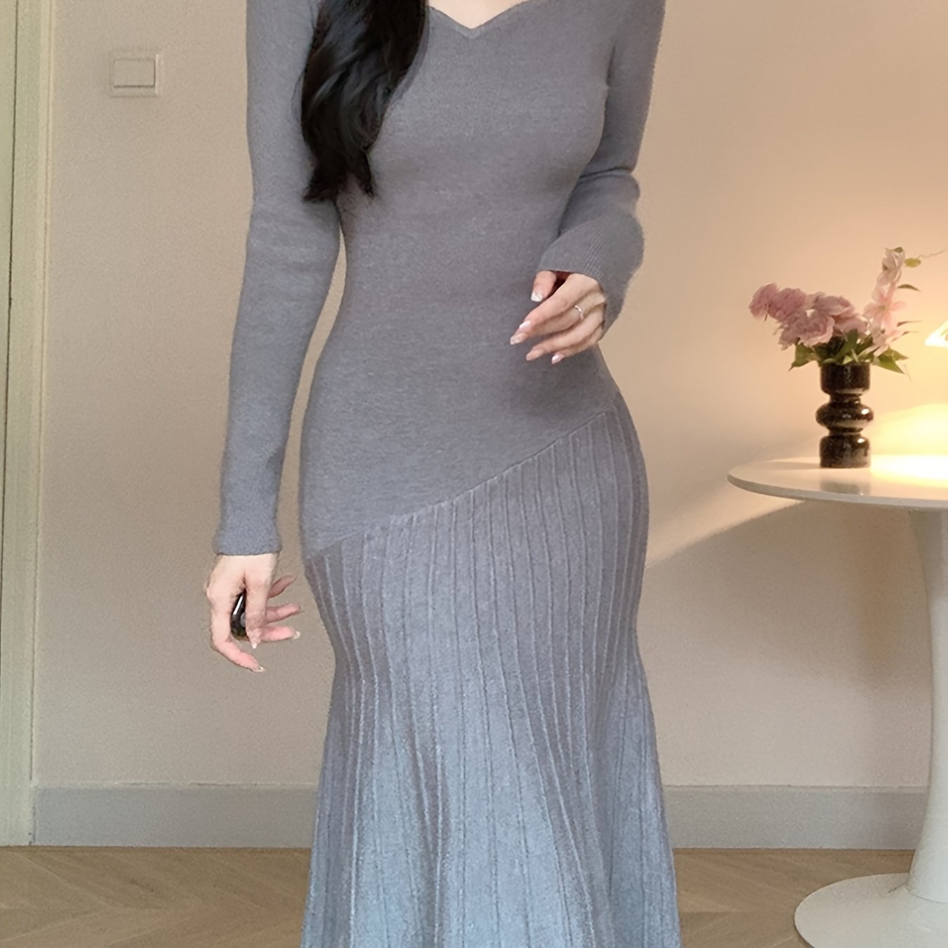 Long Sleeve V-Neck Knit Dress, Polyester, Polyamide, Viscose Blend, Middle Eastern Style, Autumn/Winter, Floor-Length, A-Line, Hand Wash Or Dry Clean