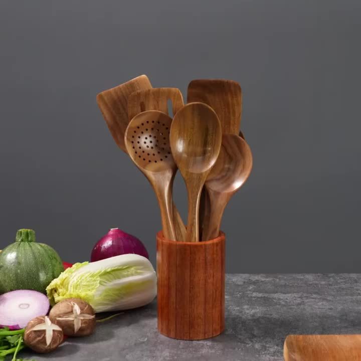 Wooden Spoons for Cooking Wooden Utensils for Cooking Set with Hold Spoon Rest and Hooks Teak Wood Nonstick Kitchen Cookware Durable Set of 8pcs