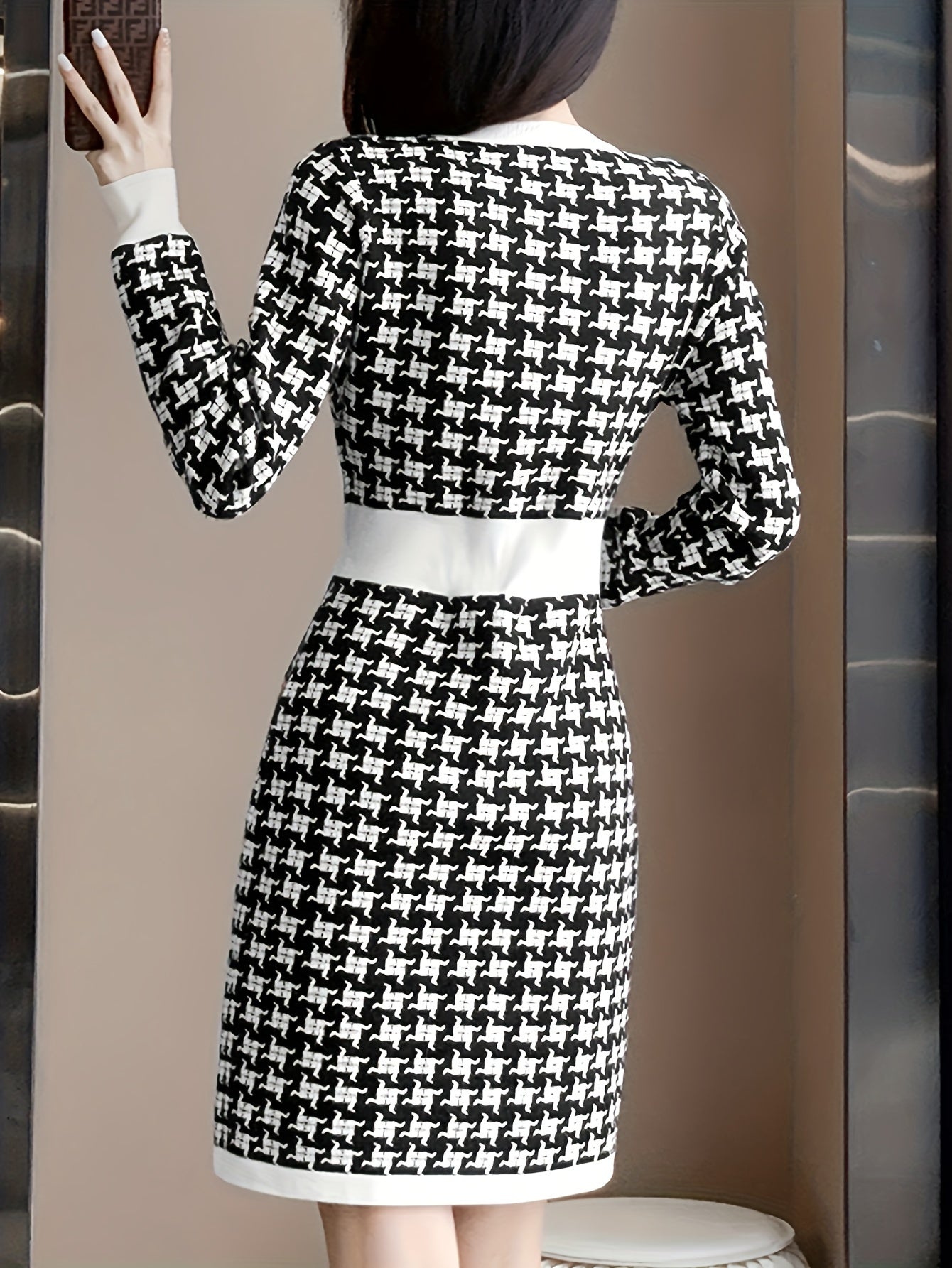 Allover Print Color Block Dress, Elegant Button Front Long Sleeve Dress, Women's Clothing