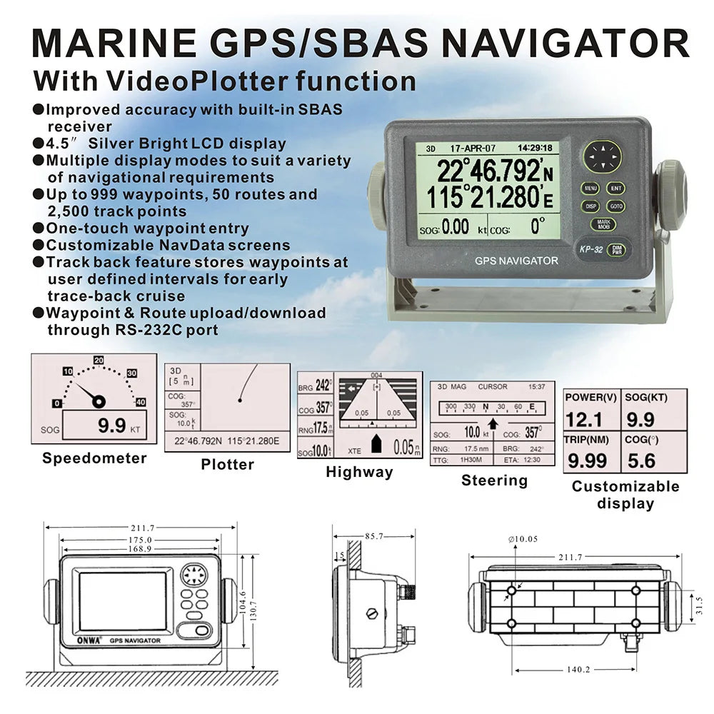 ONWA KP-32 No Ais Transponder GPS/SBAS Marine LCD GPS Navigator Boat Chart Plotter GPS Navigation Locator Positioner Receiver