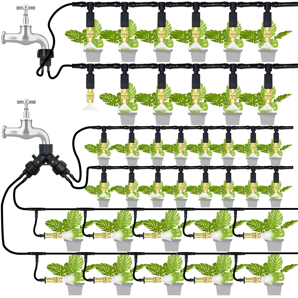 15M-30M Outdoor Misting Cooling System Garden Irrigation Watering 1/4'' Brass Atomizer Nozzles 4/7mm Hose for Patio Greenhouse