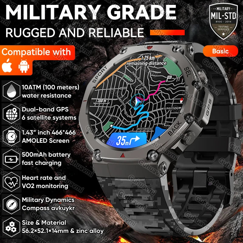 New T-Rex 3 Dual-Band GPS Military Smart Watch 48mm 10ATM Water-Resistant 500mAh Battery Compass Altimeter Smartwatch For HUAWEI