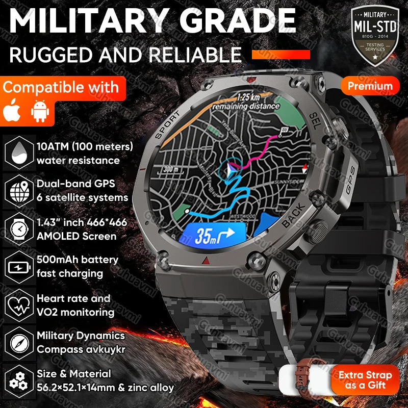 New T-Rex 3 Dual-Band GPS Military Smart Watch 48mm 10ATM Water-Resistant 500mAh Battery Compass Altimeter Smartwatch For HUAWEI