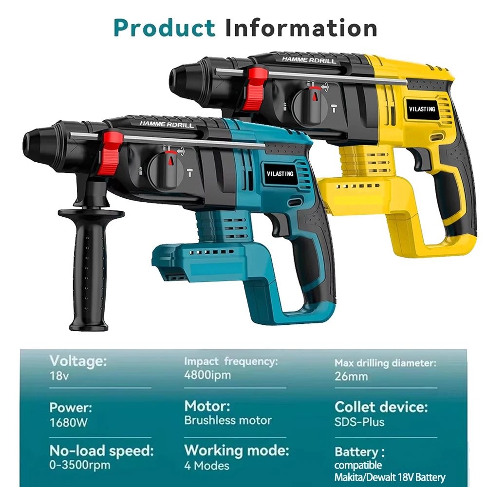 26MM Brushless Electric Hammer Drill Multifunctional Rotary Cordless Rechargeable Power Tools Fit Makita/Dewalt 18V Battery