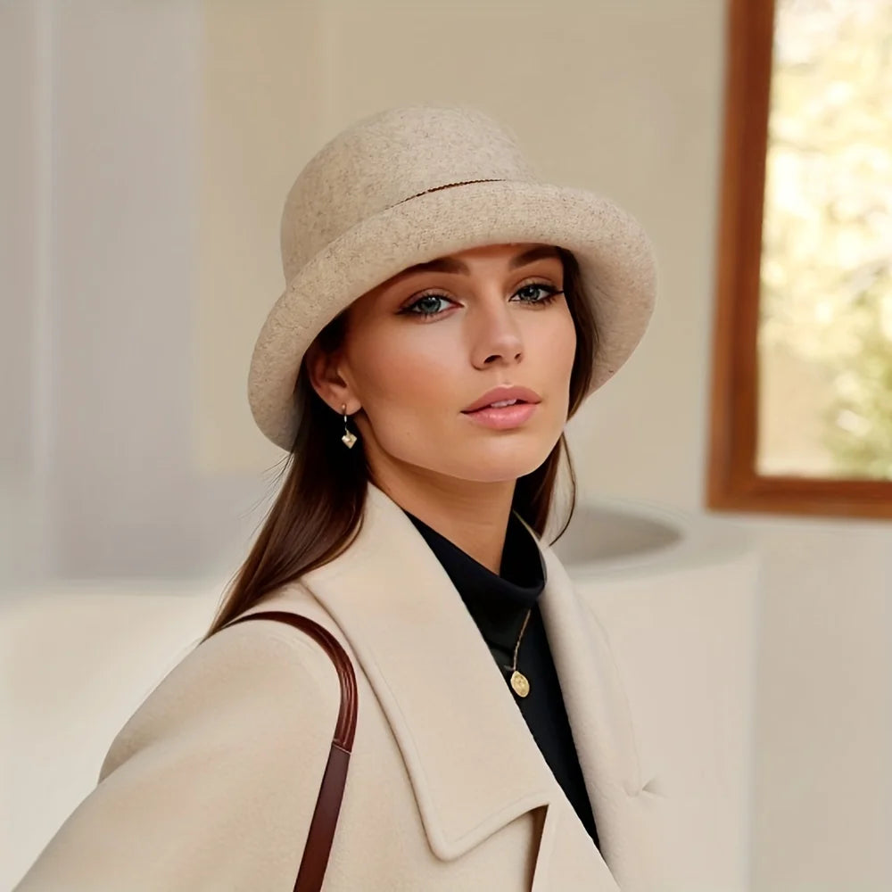 Autumn and winter hats, new Korean version felt hat, round top, fashionable curled edge small top hat, women's wool basin hat, d