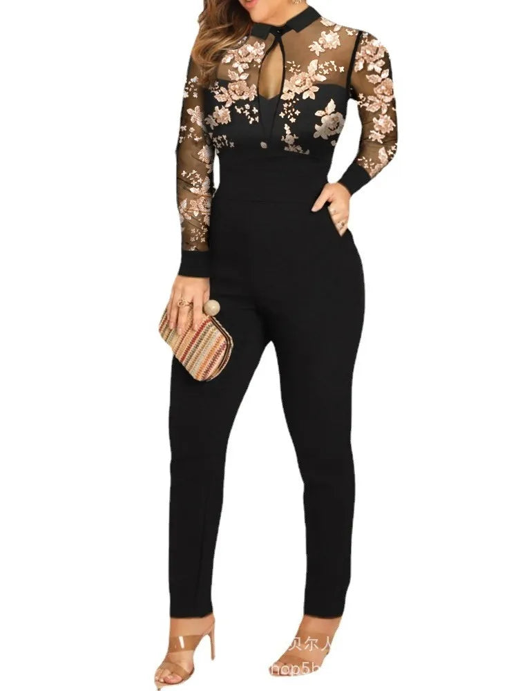 For Women's Spring Autumn New Long Sleeve Lace Printed Jumpsuit Pants Fashion Slim Waist Elegant Female Lace Jumpsuit Long Pants