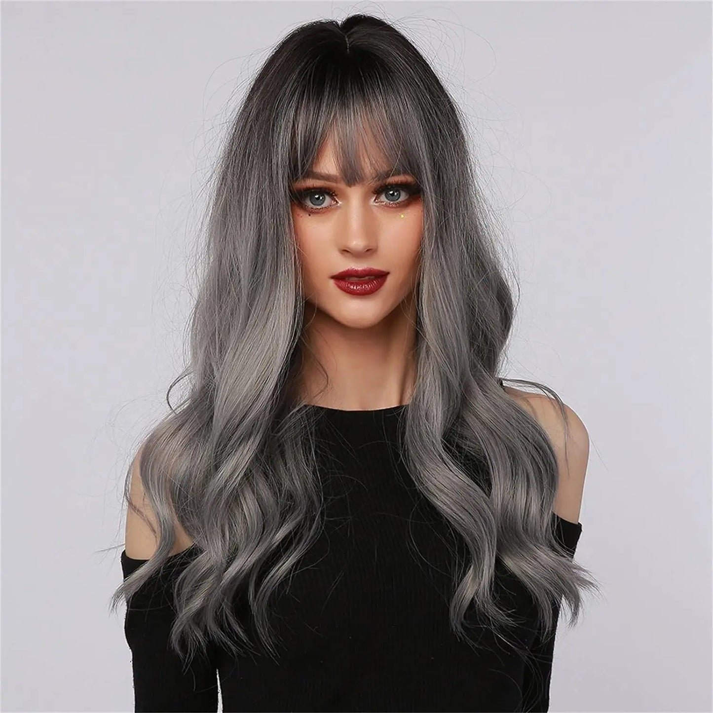 Long Wavy Silver Ash Ombre Cosplay Synthetic Wigs Natural Curly Gray Black Hair Wig with Bangs for Women Afro Heat Resistant