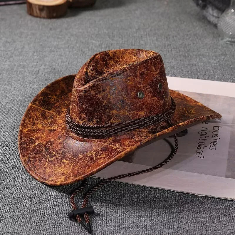 Faux Leather Western Cowboy Hats For Women Men Vintage Gentleman Dress Hats Panama Cowgirl Jazz Cap Sombrero Hombre