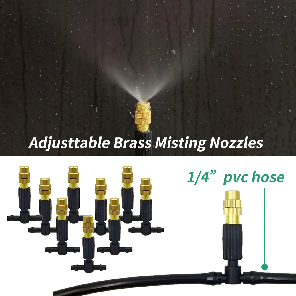 15M-30M Outdoor Misting Cooling System Garden Irrigation Watering 1/4'' Brass Atomizer Nozzles 4/7mm Hose for Patio Greenhouse