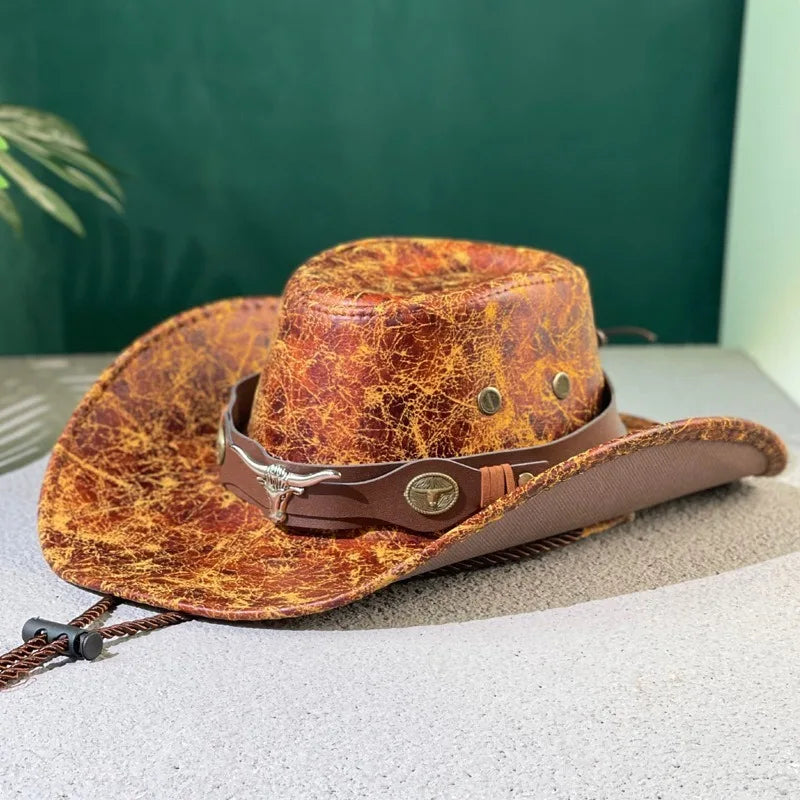 Faux Leather Western Cowboy Hats For Women Men Vintage Gentleman Dress Hats Panama Cowgirl Jazz Cap Sombrero Hombre