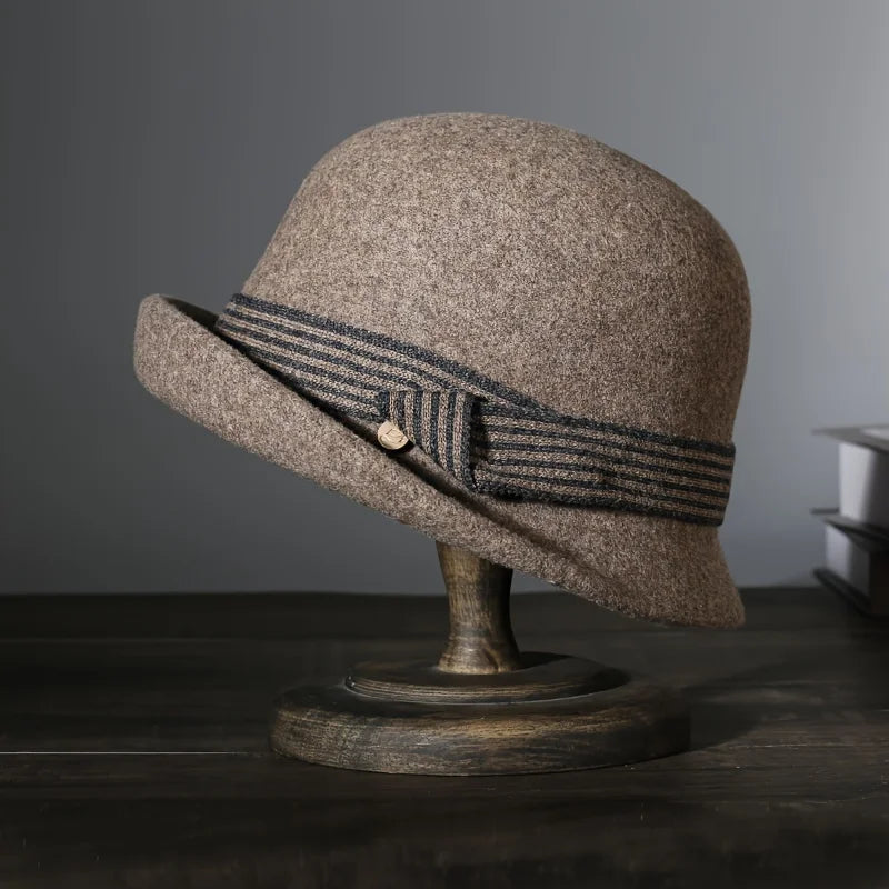 Autumn and winter hats, new Korean version felt hat, round top, fashionable curled edge small top hat, women's wool basin hat, d