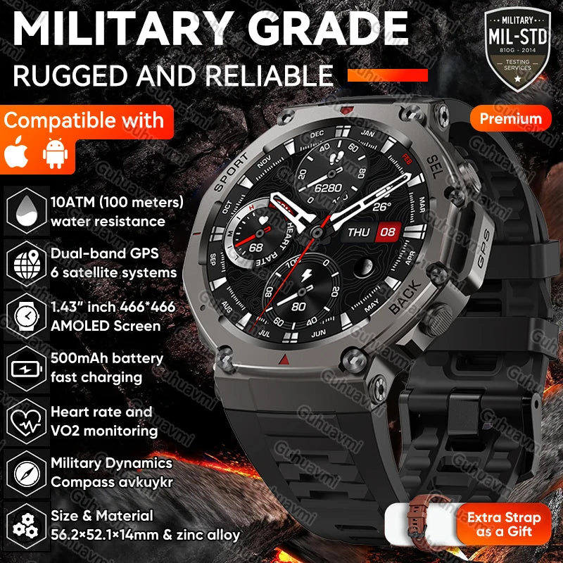 New T-Rex 3 Dual-Band GPS Military Smart Watch 48mm 10ATM Water-Resistant 500mAh Battery Compass Altimeter Smartwatch For HUAWEI