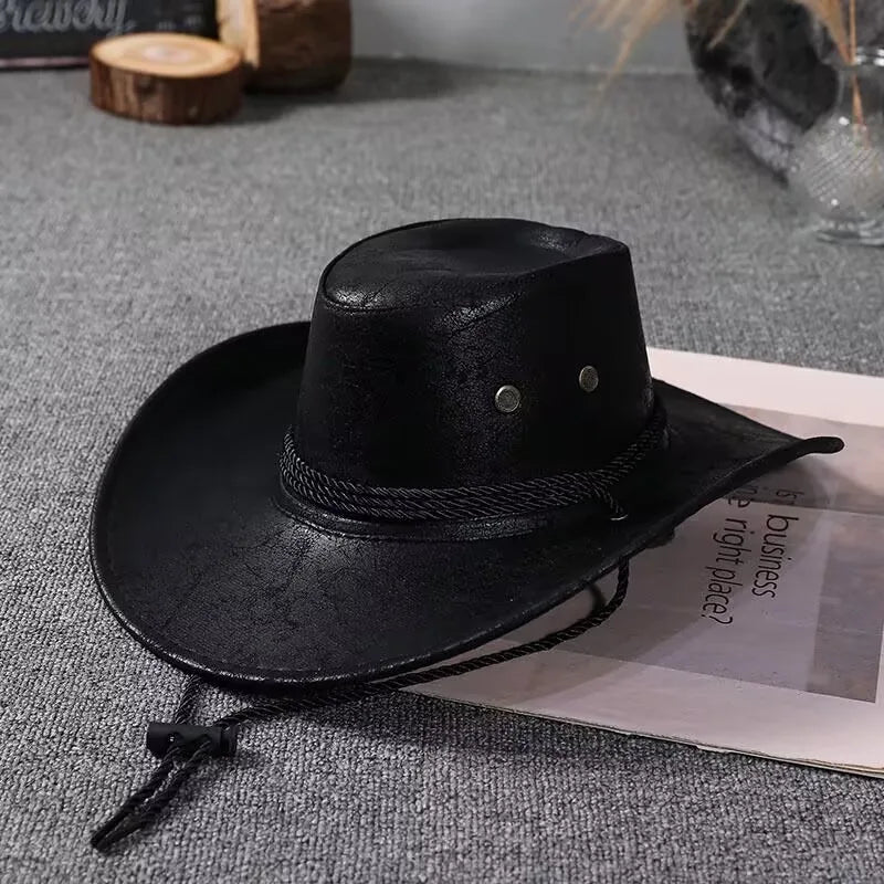 Faux Leather Western Cowboy Hats For Women Men Vintage Gentleman Dress Hats Panama Cowgirl Jazz Cap Sombrero Hombre