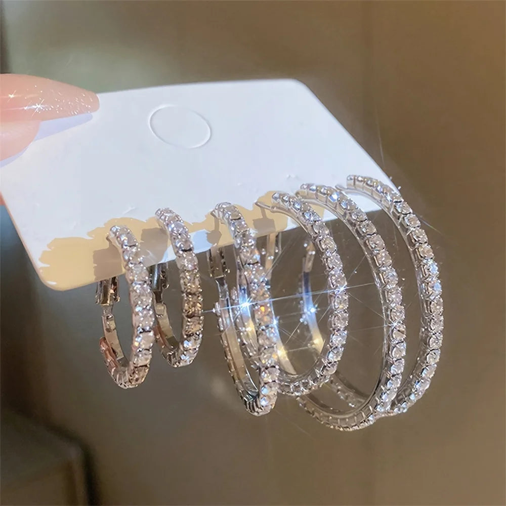 1-3 Pairs Set Sparkling Exaggerated Full Paved Rhinestones Round Circle Hoop Earrings for Women Simple Shiny Earring Jewelry