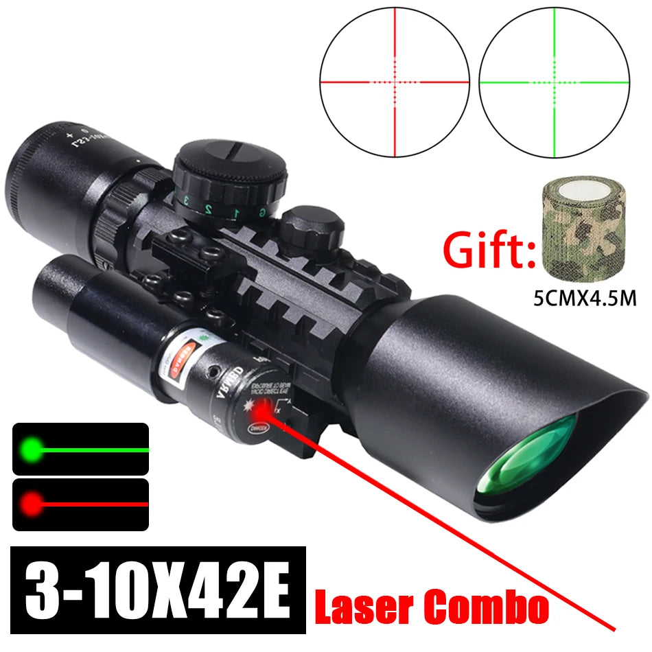 3-10X42E Scopes Red/Green Laser Tactical Combo Sight Optics Hunting Riflescope Airsoft Precise Shooting Riflescope for 20mm