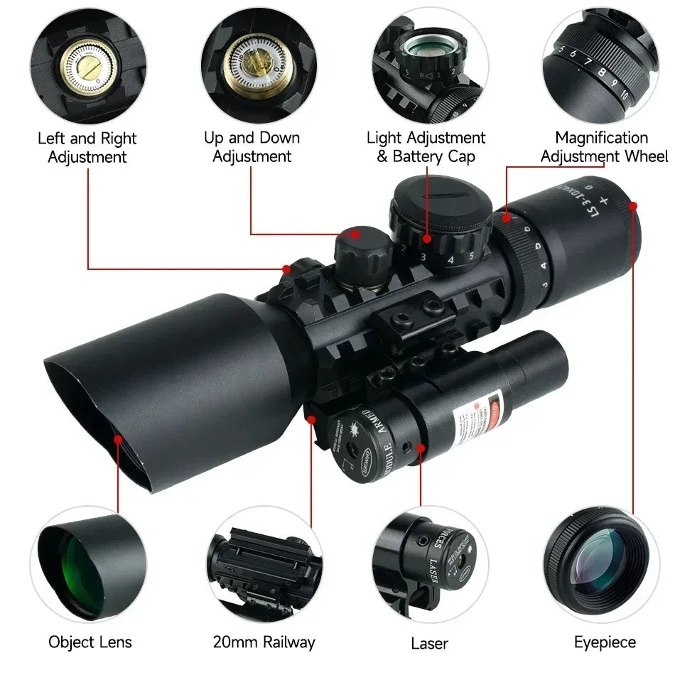 3-10X42E Scopes Red/Green Laser Tactical Combo Sight Optics Hunting Riflescope Airsoft Precise Shooting Riflescope for 20mm