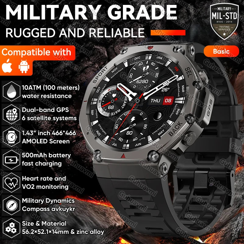 New T-Rex 3 Dual-Band GPS Military Smart Watch 48mm 10ATM Water-Resistant 500mAh Battery Compass Altimeter Smartwatch For HUAWEI