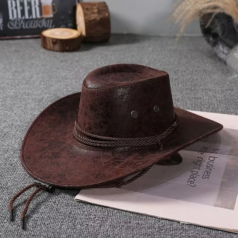 Faux Leather Western Cowboy Hats For Women Men Vintage Gentleman Dress Hats Panama Cowgirl Jazz Cap Sombrero Hombre