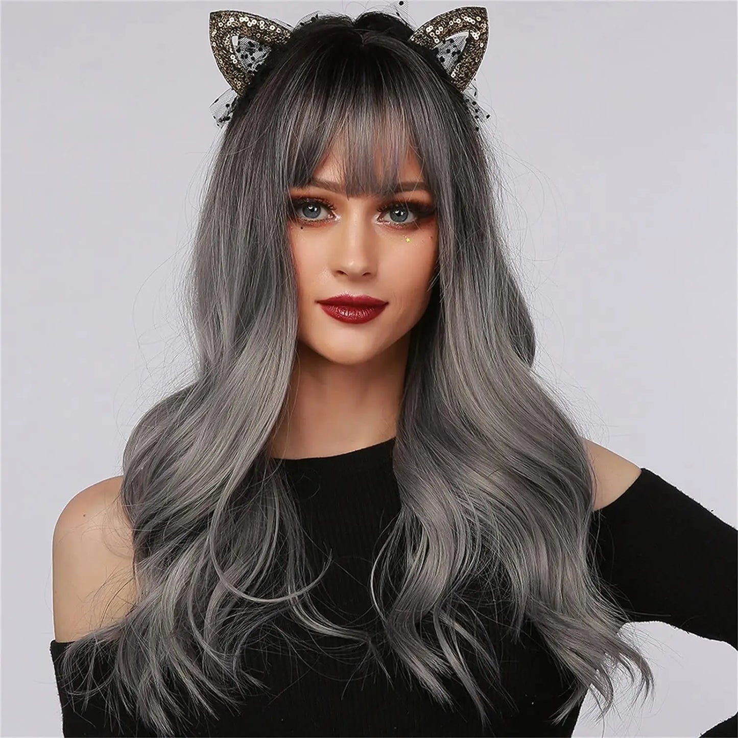 Long Wavy Silver Ash Ombre Cosplay Synthetic Wigs Natural Curly Gray Black Hair Wig with Bangs for Women Afro Heat Resistant