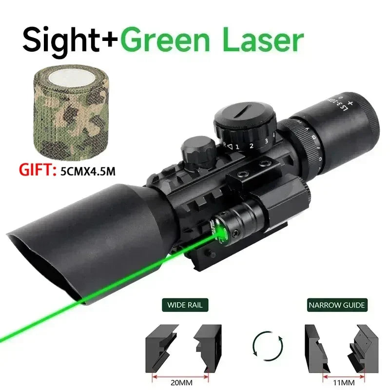 3-10X42E Scopes Red/Green Laser Tactical Combo Sight Optics Hunting Riflescope Airsoft Precise Shooting Riflescope for 20mm