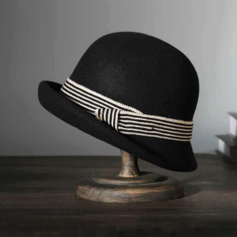 Autumn and winter hats, new Korean version felt hat, round top, fashionable curled edge small top hat, women's wool basin hat, d