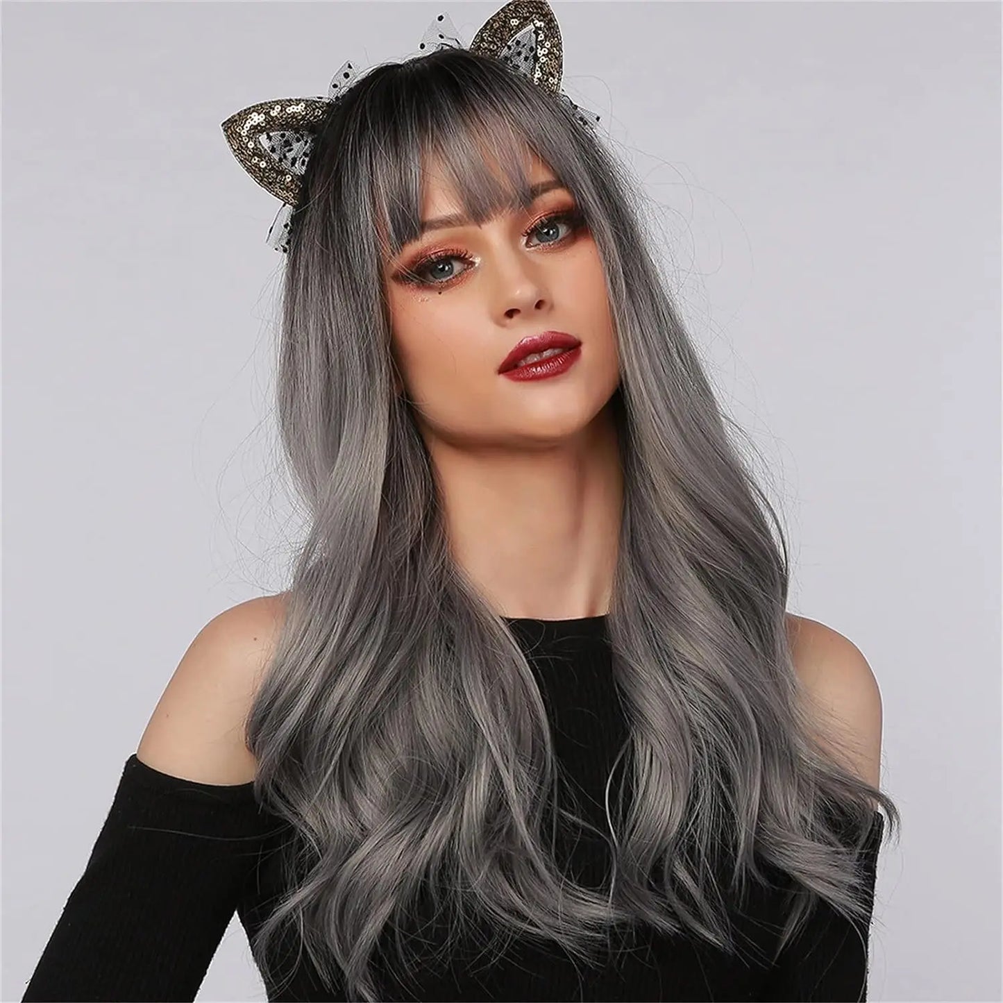 Long Wavy Silver Ash Ombre Cosplay Synthetic Wigs Natural Curly Gray Black Hair Wig with Bangs for Women Afro Heat Resistant