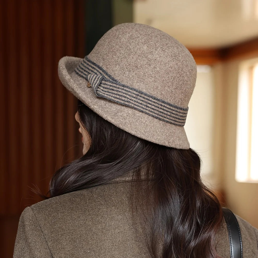 Autumn and winter hats, new Korean version felt hat, round top, fashionable curled edge small top hat, women's wool basin hat, d