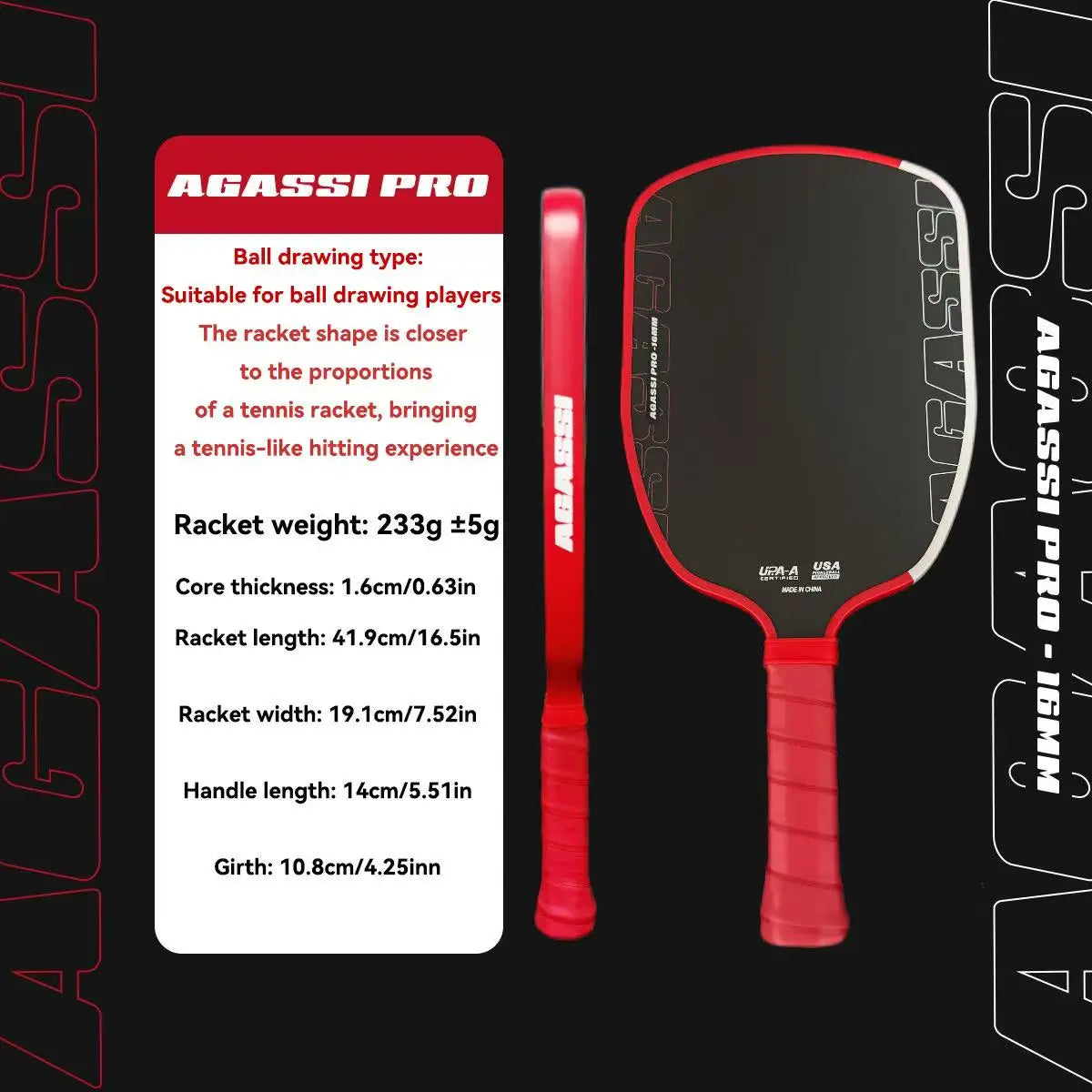2025 Agassi Pro Shape TFP Espuma 14mm 16mm Espessura GEN4 Núcleo Thermoformé Toray T700 Pá de pickleball de fibra de carbono