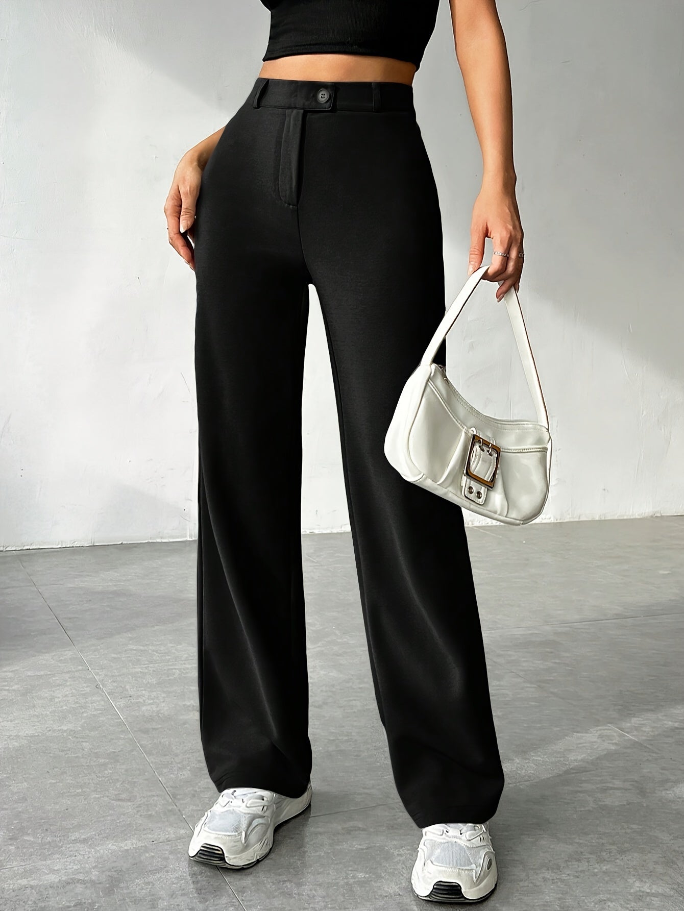 Women'S Casual Fit Straight Pants with Zipper - Solid Color, Woven Polyester, Adult Spring/Fall Collection