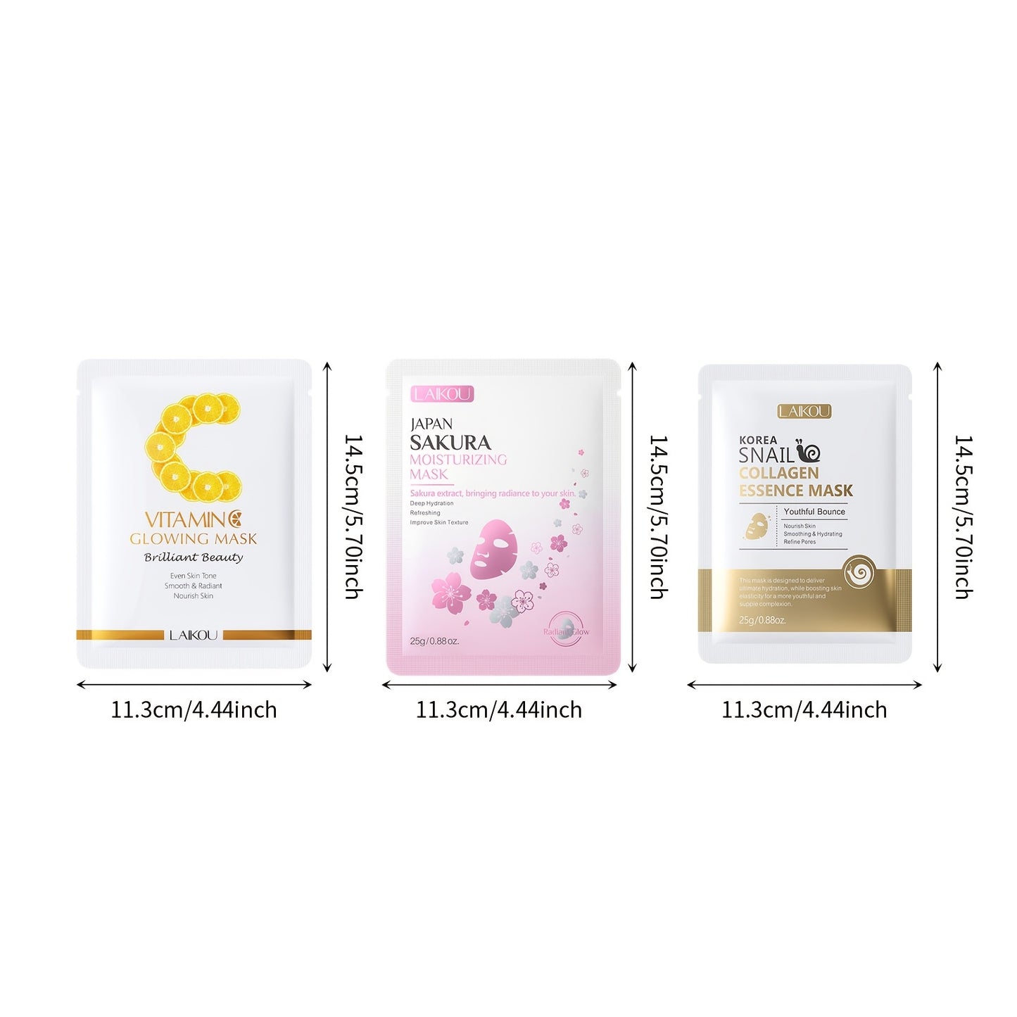 Hydrate Your Skin Using The LAIKOU Sheet Mask Set, Which Includes 15 Masks: 5 with Vitamin C, 5 with Korean Snail Essence, And 5 with Japanese Sakura. This Essence-Rich Mask Collection Makes a Perfect Gift for Christmas, Vale