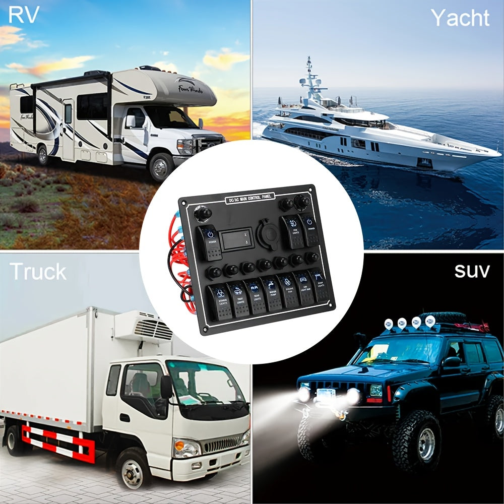 10-Gang Marine Rocker Switch Panel, DC/AC Control Panel with Voltage/Ampere Meter, Fuse Circuit Breaker, 12V 24V Automotive Boat Truck RV Switch Panel, Aluminum Alloy, with Hard Wiring for Marine Use
