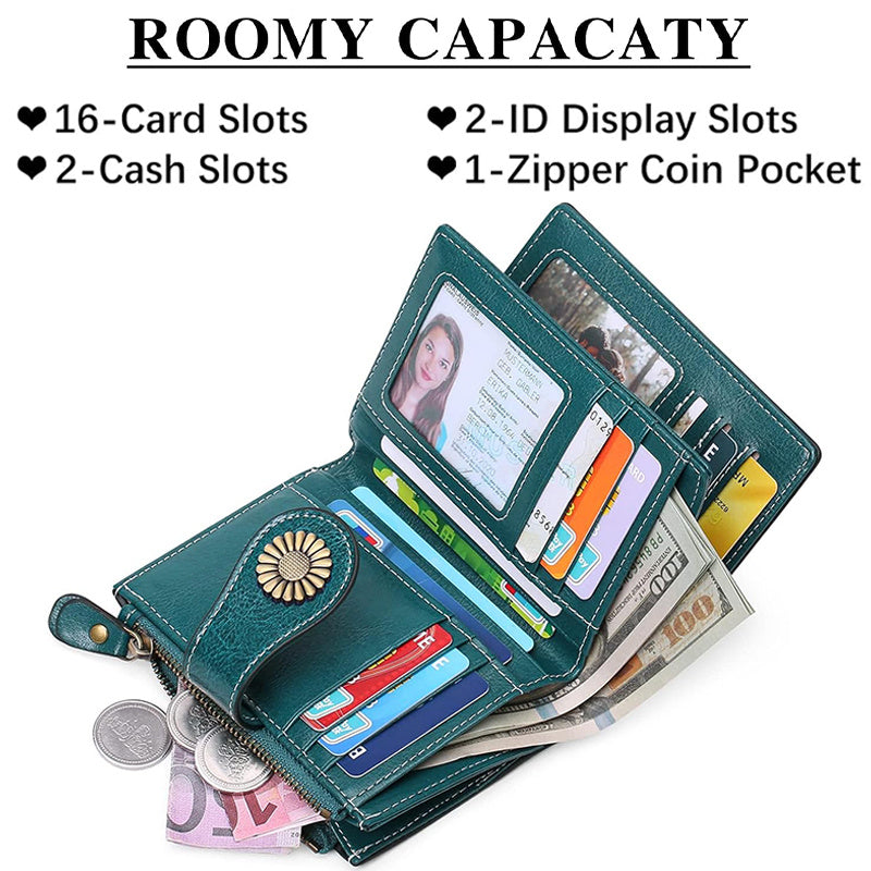Women's Genuine Leather Short Wallet Card Holder, RFID Anti-theft Brush Coin Bag, Large Capacity Women's Credit Card Wallet with 18 Card Slots, 1 Coin Bag and 2 Cash Slots, Safely Store Cards and Cash, Fashionable and Elegant