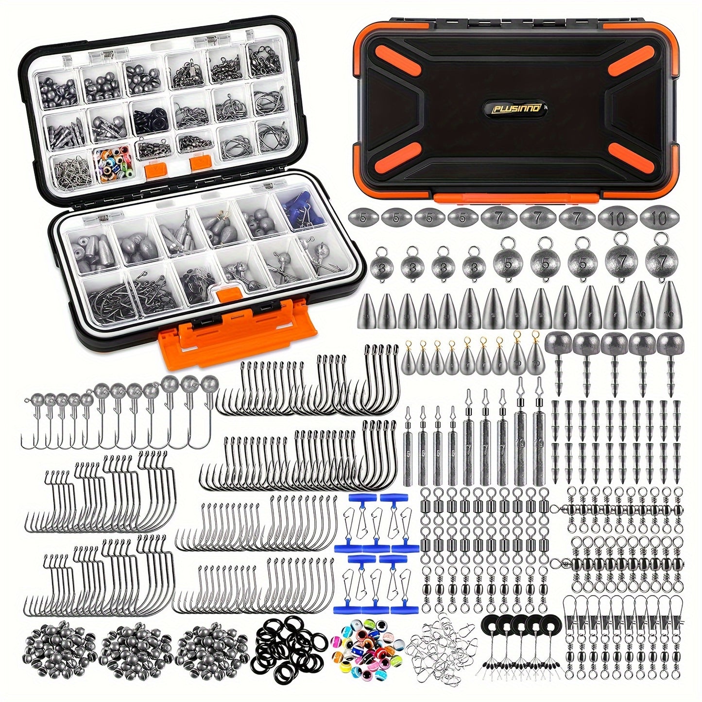 PLUSINNO 397pcs Fishing Accessories Kit, Fishing Tackle Box, Includes Fishing Gear, Hooks, Lead Weights, Hook Heads, Swivels, Combines into 12 Fishing Gear, Fishing Equipment Suitable for Perch, Bluegill, Trout, Crappie, etc,