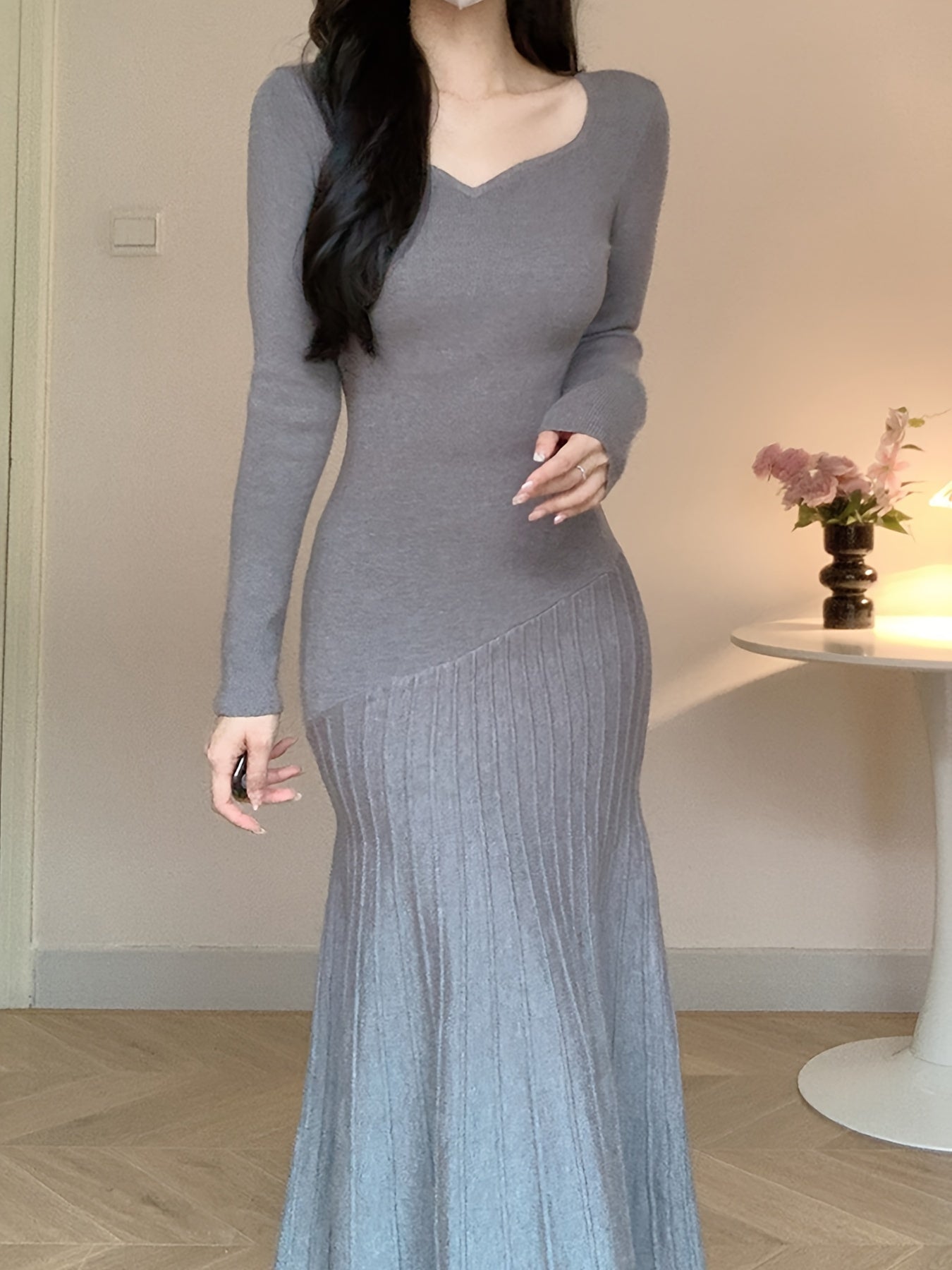 Long Sleeve V-Neck Knit Dress, Polyester, Polyamide, Viscose Blend, Middle Eastern Style, Autumn/Winter, Floor-Length, A-Line, Hand Wash Or Dry Clean