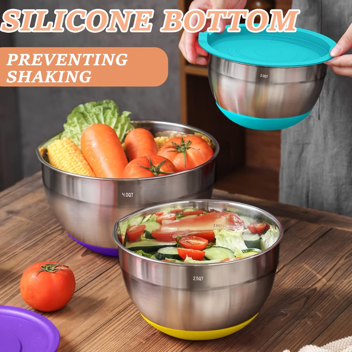Mixing Bowls with Airtight Lids, 26pcs Stainless Steel Bowls Set 6 bowls & Lids + 20 kitchen tools, 3 Grater Attachments & Black Non-Slip Bottoms Size 7, 4, 2.5, 2.0, 1.5, 1QT, Great for Mixing & Serving