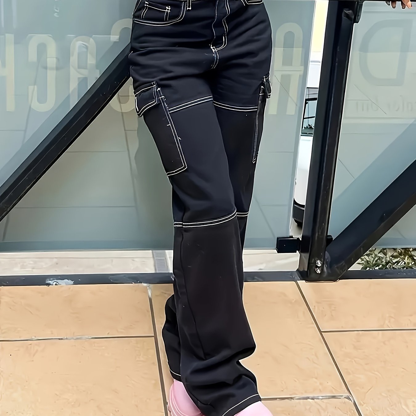 Women's Casual Jeans With Flap Pockets, Contrast Stitching High-Waist Streetwear Cargo Denim Pants For Fall