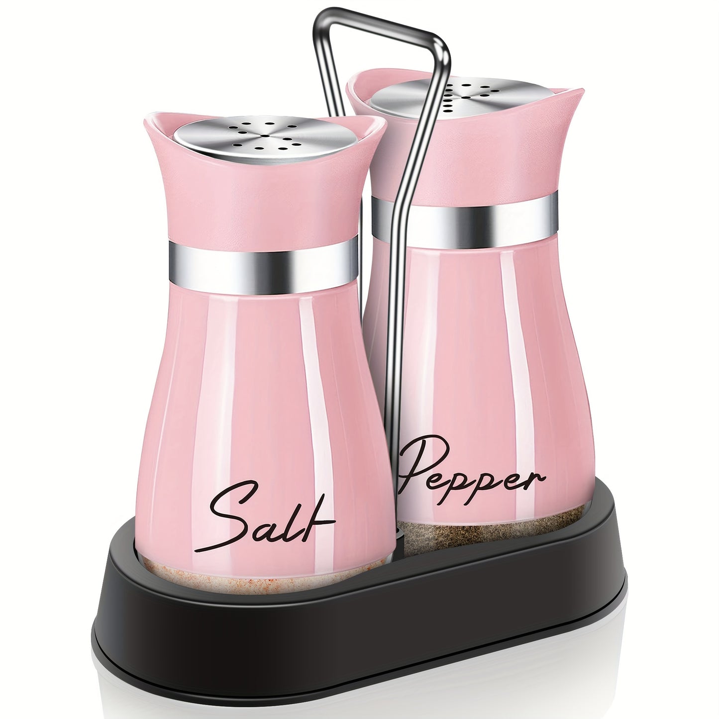 Pink Salt And Pepper Shakers Set With Holder, 4 Oz Kitchen Decor And Accessories Home Essentials Cute Household Items For Mother's Day Housewarming Gift Refillable Design (Pink)