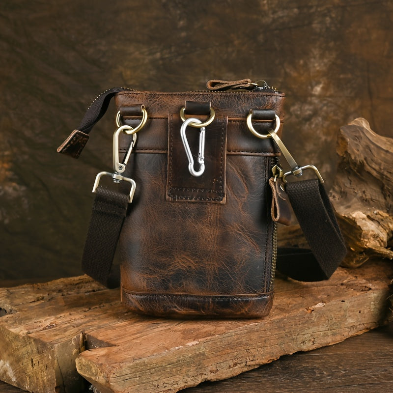 Genuine Leather Crossbody Bag, Casual Retro Style, Multi-Functional Outdoor Purse with 7-inch Mobile Phone Pocket, Hook Wear Belt, Uncharged - Ideal for Going Out
