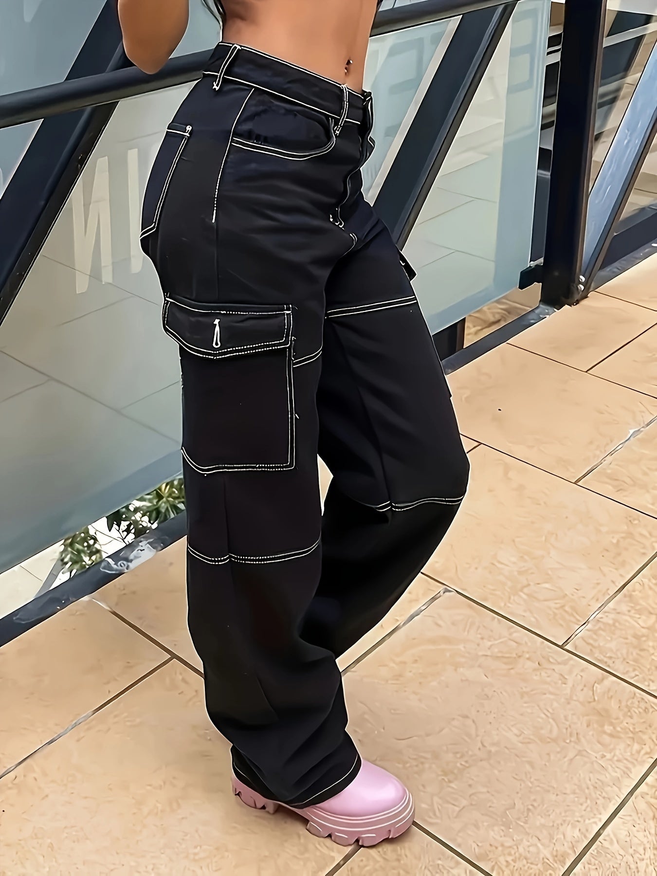 Women's Casual Jeans With Flap Pockets, Contrast Stitching High-Waist Streetwear Cargo Denim Pants For Fall