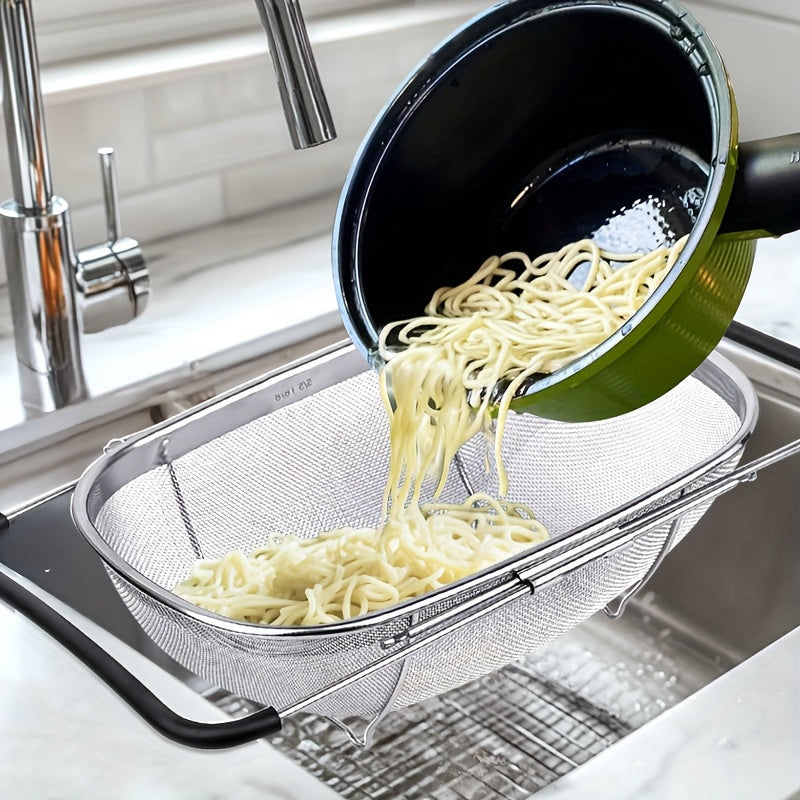 Expandable Stainless Steel Filter with Fine Mesh And Drain Basket - Suitable for Vegetables And Fruits, Kitchen Essentials, Food Safety, Filtered Vegetables