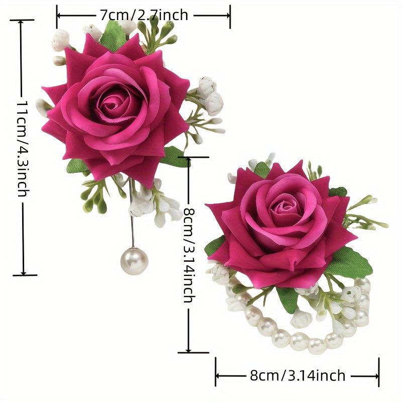 2pcs Elegant Rose Corsage and Wrist Flower Set in Polyester Fiber for School Events, Parties, Weddings Decorations