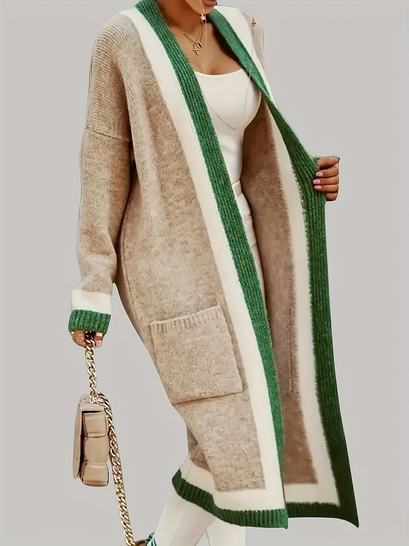 Women's Plus Size Knit Cardigan with Pockets, Casual V-Neck, Stretchy Nylon Fabric, Striped Color Block Design, Unbuttoned Open Front, Autumn/Winter Fashion