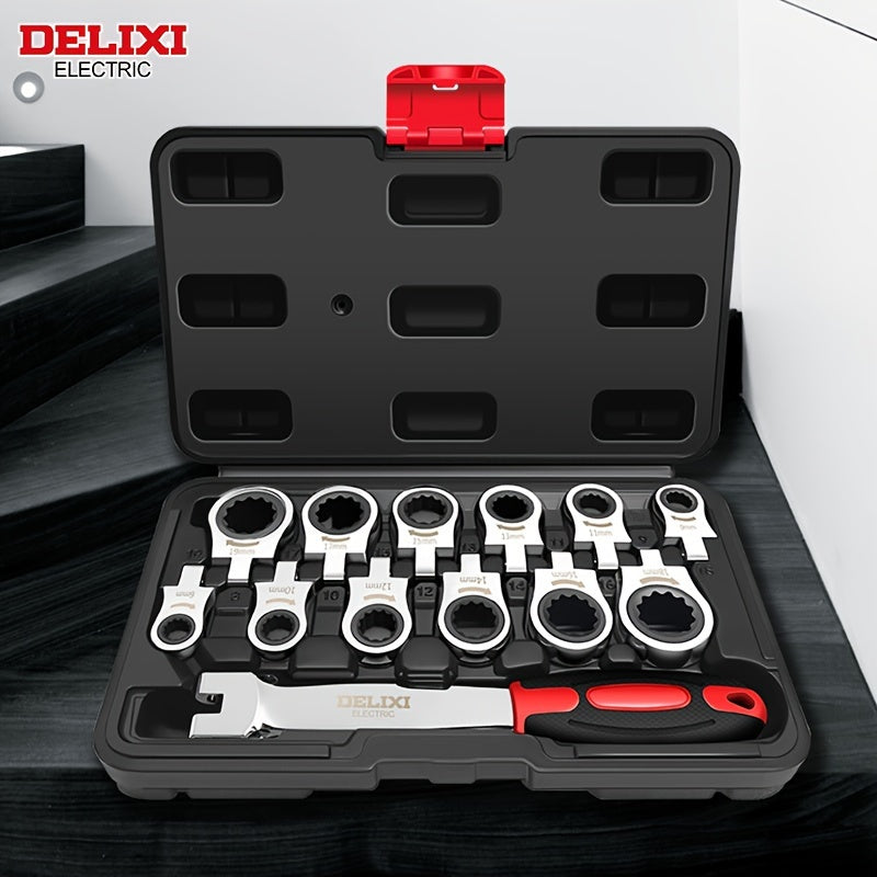 DELIXI ELECTRIC 12-in-1 Interchangeable Ratchet Wrench Set, Mechanical Metal Socket Spanner with Quick Release, Mirror Polished, Non-Slip, High Temperature Quenched, Precision Forged