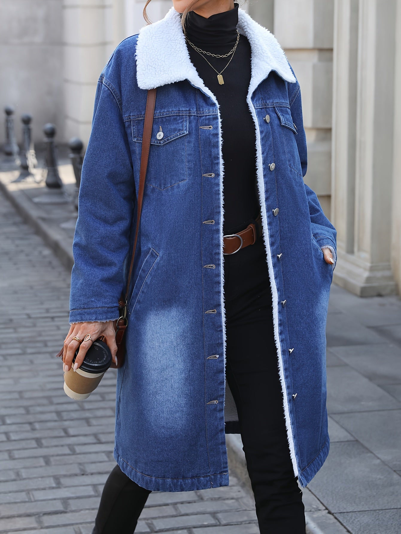 Morin Elegant Mid-Length Denim Jacket with Faux Fur Trim - Women's Winter Loose Fit, Button-Up, Long Sleeve, Flap Pocket Coat, Machine Washable, Cotton/Polyester Blend