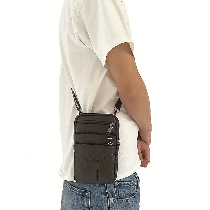 Men's Genuine Leather Crossbody Phone Holster - Brown Waist Pack with Multiple Zipped Pockets, Adjustable Strap & Headphone Hole for Casual Outings