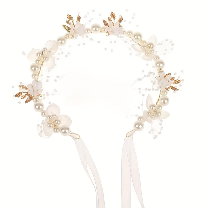 Faux Pearl Flower Beaded Headband Exquisite Flower Ring Wedding Bridal Headpiece Tulle Bandage Hair Accessories