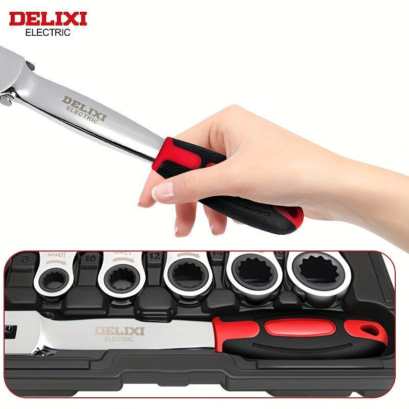 DELIXI ELECTRIC 12-in-1 Interchangeable Ratchet Wrench Set, Mechanical Metal Socket Spanner with Quick Release, Mirror Polished, Non-Slip, High Temperature Quenched, Precision Forged