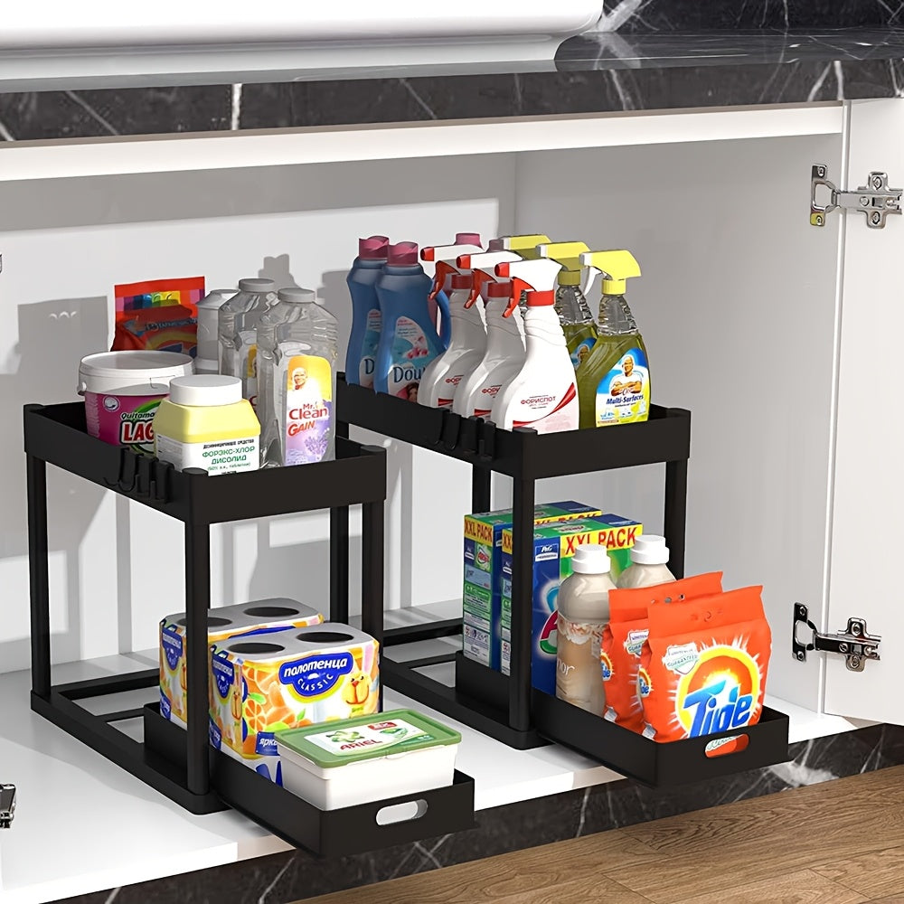 Under Sink Organizer 2 Pack, Kitchen Cabinet Organizer, 2 Tier Sliding Cabinet Basket Organizer Drawer, Multi-Purpose Bath Collection Baskets for Kitchen Under Counter Storage Organizer with 8 Hooks