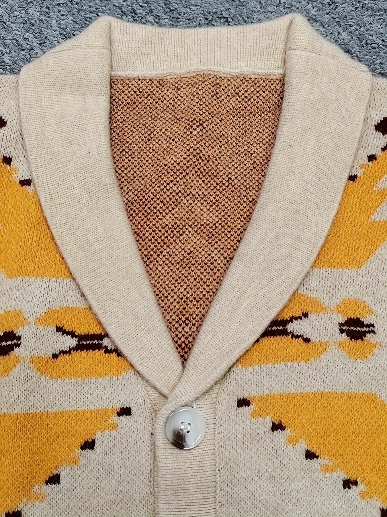 1pc Retro Men'S Casual Acrylic Knit Cardigan - Geometric Pattern, Stretch Fabric, Regular Fit, Lapel Collar, Long Sleeve Leisure Top for Spring Fall Outdoor Holiday