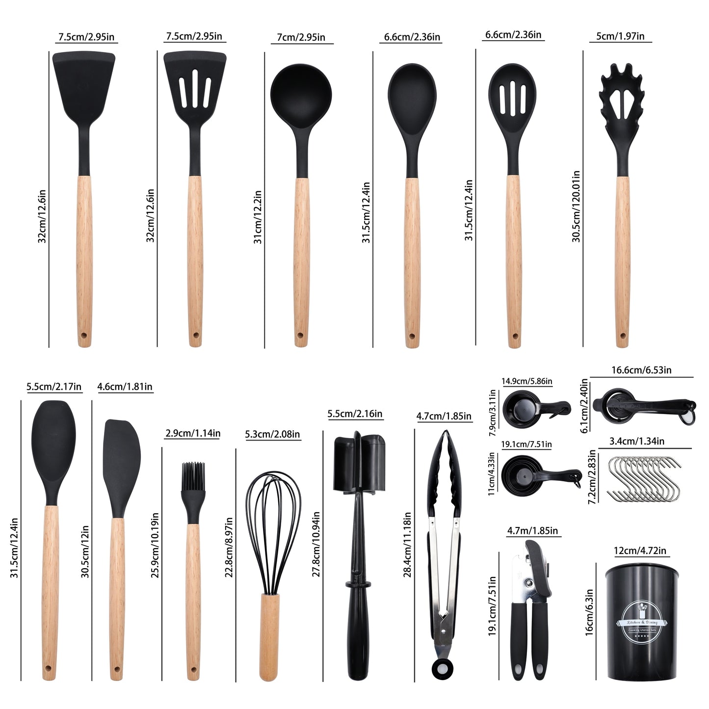 Kitchen Utensils Set- 46 pcs Cooking Utensils with Tongs, Spoon, Meat Chopper, Spatula & Opener Made of Heat-Resistant Food Grade Silicone and Wooden Handles Kitchen Gadgets Tools Set for Nonstick Cookware, With hooks